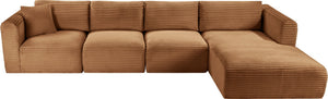 Meridian Furniture Shaggy Four Piece Modular Sectional Corduroy Performance Fabric Cozy Living Room Sofa 641Saddle-Sec4C