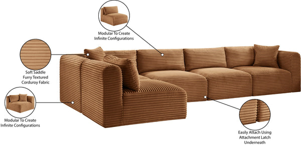 Meridian Furniture Shaggy Five Piece Modular Sectional Corduroy Performance Fabric Living Room Sofa 641Saddle-Sec5B