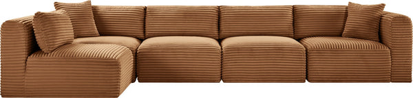 Meridian Furniture Shaggy Five Piece Modular Sectional Corduroy Performance Fabric Living Room Sofa 641Saddle-Sec5B