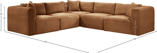 Meridian Furniture Shaggy Five Piece Modular Sectional Corduroy Performance Fabric Plush Living Room Seating 641Saddle-Sec5C