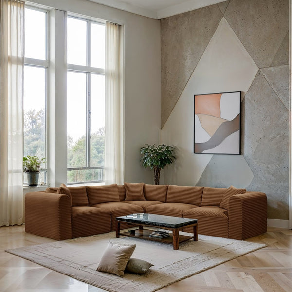 Meridian Furniture Shaggy Five Piece Modular Sectional Corduroy Performance Fabric Plush Living Room Seating 641Saddle-Sec5C