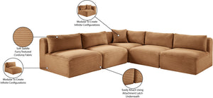 Meridian Furniture Shaggy Five Piece Modular Sectional Corduroy Upholstered Sofa for Living Room 641Saddle-Sec5D
