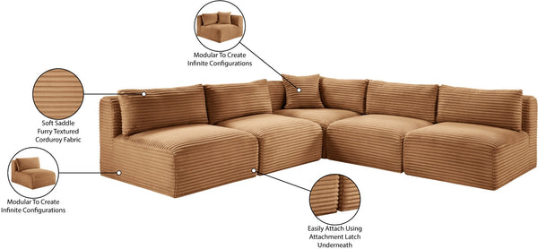 Meridian Furniture Shaggy Five Piece Modular Sectional Corduroy Upholstered Sofa for Living Room 641Saddle-Sec5D
