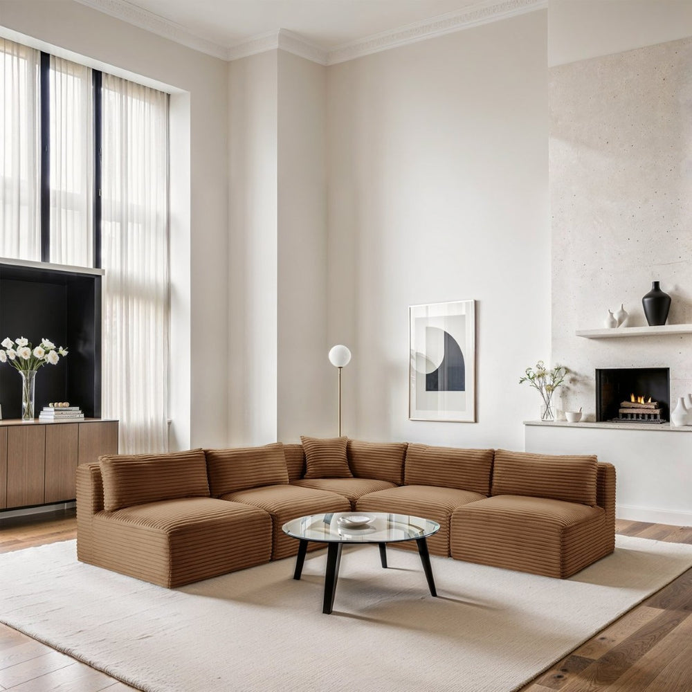 Meridian Furniture Shaggy Five Piece Modular Sectional Corduroy Upholstered Sofa for Living Room 641Saddle-Sec5D