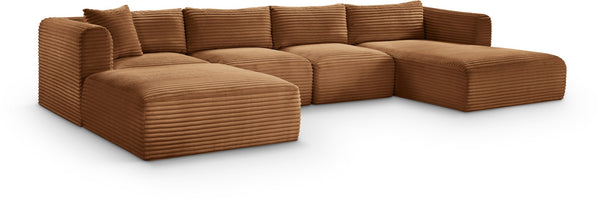 Meridian Furniture Shaggy Five Piece Modular Sectional Corduroy Plush Performance Fabric Living Room Sofa 641Saddle-Sec5E