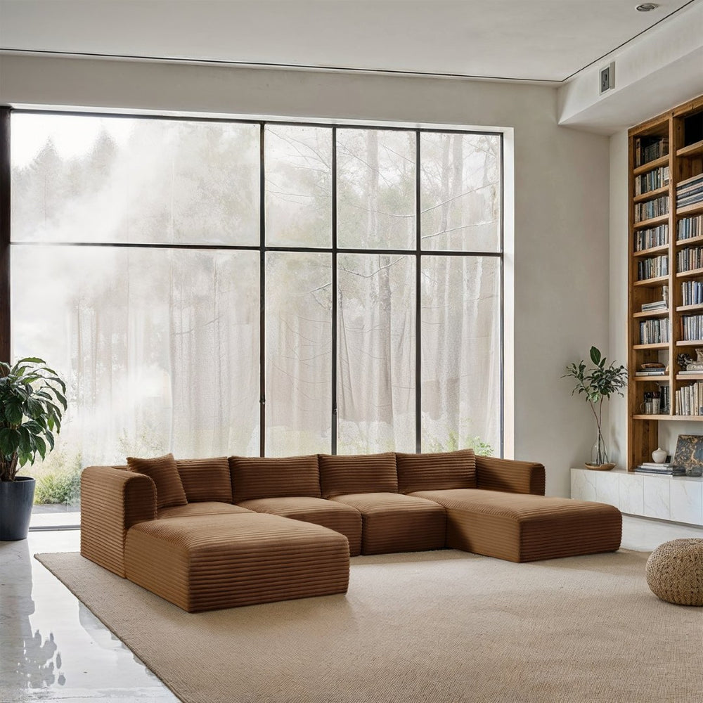 Meridian Furniture Shaggy Five Piece Modular Sectional Corduroy Plush Performance Fabric Living Room Sofa 641Saddle-Sec5E