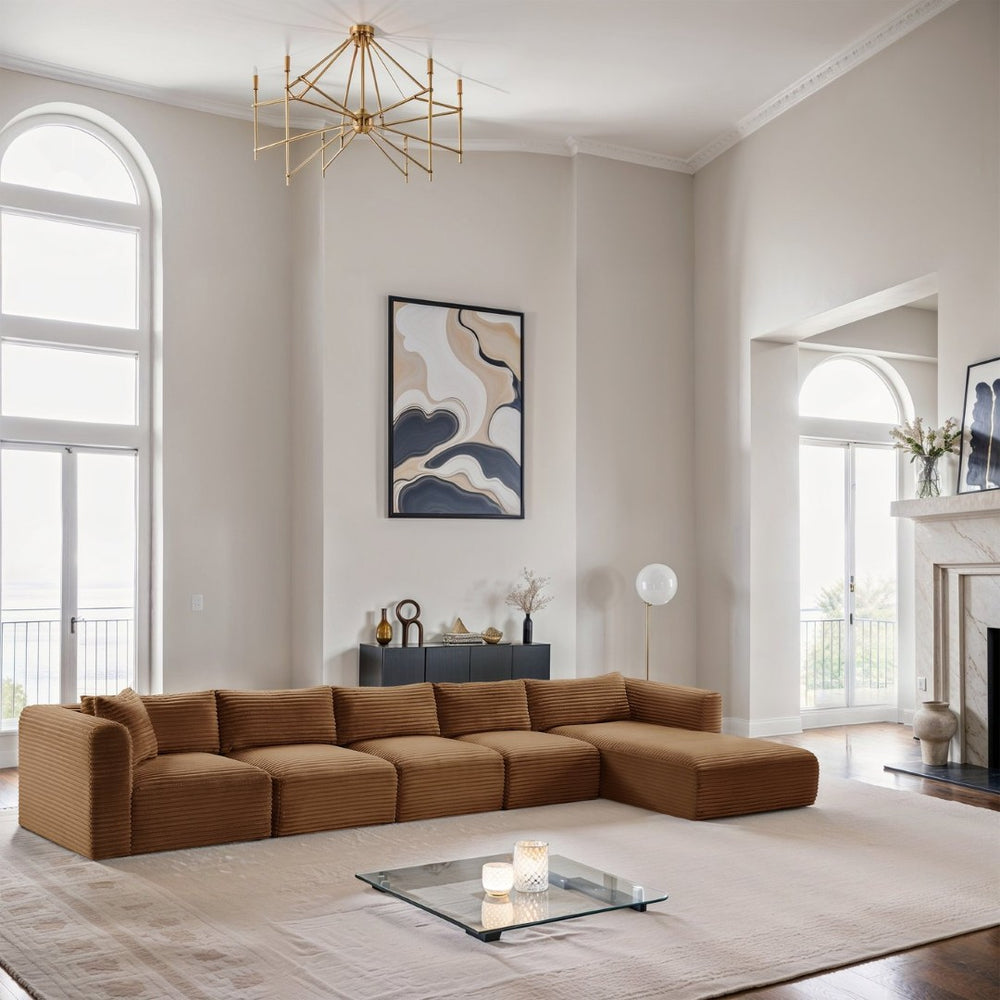 Meridian Furniture Shaggy Five Piece Modular Sectional Corduroy Upholstered Stain Resistant Living Room Sofa 641Saddle-Sec5G