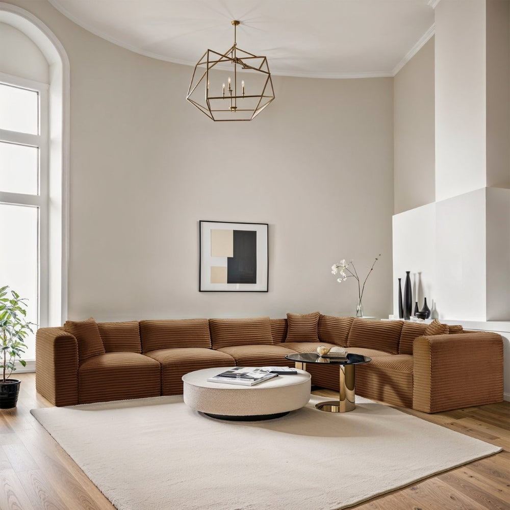 Meridian Furniture Shaggy Six Piece Modular Sectional Corduroy Upholstered Living Room Sofa Set 641Saddle-Sec6A