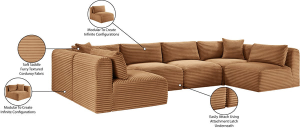 Meridian Furniture Shaggy Six Piece Modular Sectional in Corduroy Performance Fabric for Family Living 641Saddle-Sec6B