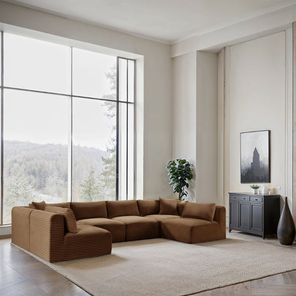 Meridian Furniture Shaggy Six Piece Modular Sectional in Corduroy Performance Fabric for Family Living 641Saddle-Sec6B