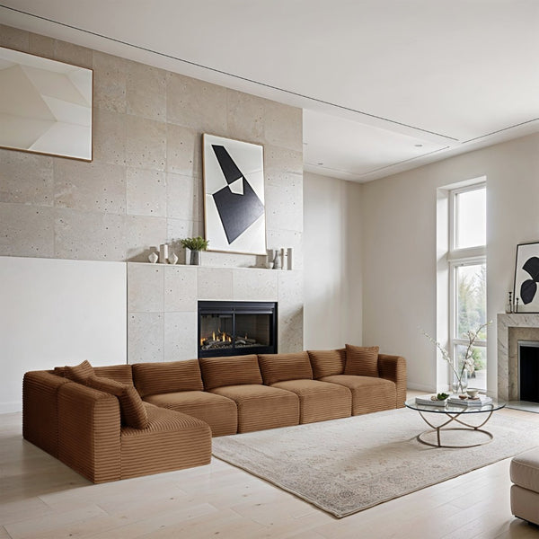 Meridian Furniture Shaggy Six Piece Corduroy Modular Sectional Plush Performance Fabric Living Room Sofa 641Saddle-Sec6C