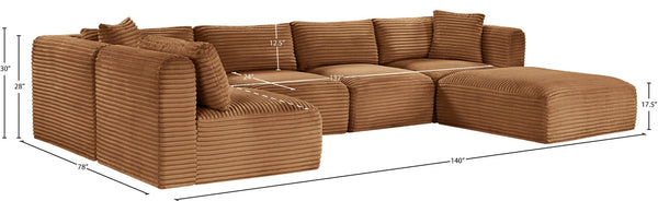 Meridian Furniture Shaggy Six Piece Modular Sectional Corduroy Upholstered Sofa for Spacious Living Rooms 641Saddle-Sec6D