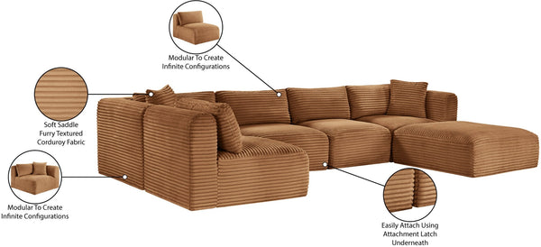 Meridian Furniture Shaggy Six Piece Modular Sectional Corduroy Upholstered Sofa for Spacious Living Rooms 641Saddle-Sec6D