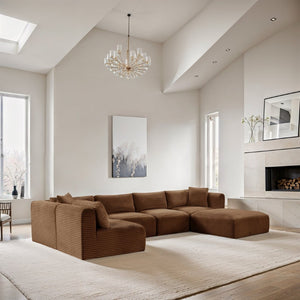 Meridian Furniture Shaggy Six Piece Modular Sectional Corduroy Upholstered Sofa for Spacious Living Rooms 641Saddle-Sec6D