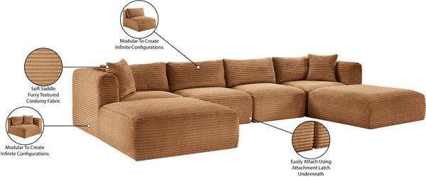 Meridian Furniture Shaggy Six Piece Modular Sectional Wide Wale Corduroy Performance Fabric Living Room Sofa 641Saddle-Sec6E
