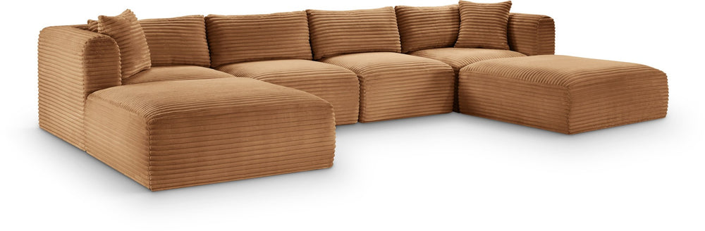Meridian Furniture Shaggy Six Piece Modular Sectional Wide Wale Corduroy Performance Fabric Living Room Sofa 641Saddle-Sec6E