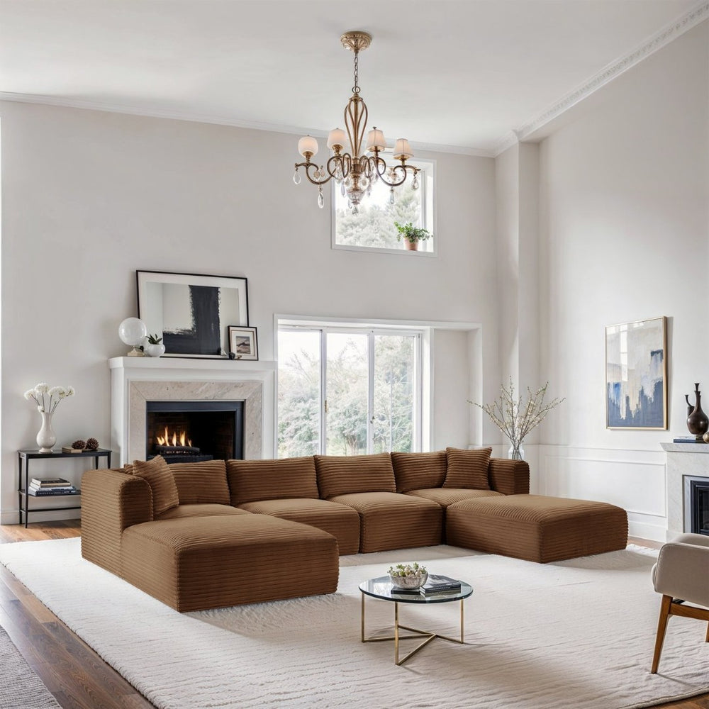 Meridian Furniture Shaggy Six Piece Modular Sectional Wide Wale Corduroy Performance Fabric Living Room Sofa 641Saddle-Sec6E