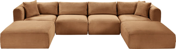 Meridian Furniture Shaggy Six Piece Modular Sectional Wide Wale Corduroy Performance Fabric Living Room Sofa 641Saddle-Sec6E