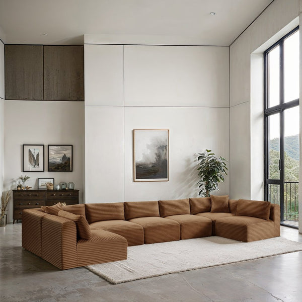 Meridian Furniture Shaggy Seven Piece Modular Sectional Plush Corduroy Performance Fabric Family Room Sofa 641Saddle-Sec7A