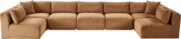 Meridian Furniture Shaggy Seven Piece Modular Sectional Plush Corduroy Performance Fabric Family Room Sofa 641Saddle-Sec7A