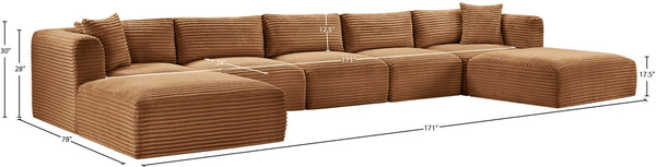 Meridian Furniture Shaggy 7 Piece Modular Sectional Corduroy Performance Fabric Deep Caramel Living Room 641Saddle-Sec7C