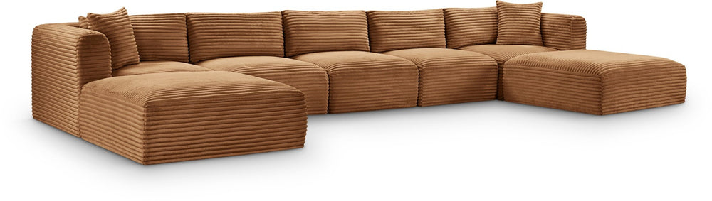 Meridian Furniture Shaggy 7 Piece Modular Sectional Corduroy Performance Fabric Deep Caramel Living Room 641Saddle-Sec7C