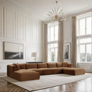 Meridian Furniture Shaggy 7 Piece Modular Sectional Corduroy Performance Fabric Deep Caramel Living Room 641Saddle-Sec7C