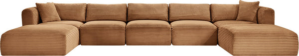 Meridian Furniture Shaggy 7 Piece Modular Sectional Corduroy Performance Fabric Deep Caramel Living Room 641Saddle-Sec7C