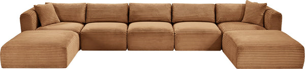 Meridian Furniture Shaggy 7 Piece Modular Sectional Corduroy Performance Fabric Deep Caramel Living Room 641Saddle-Sec7C
