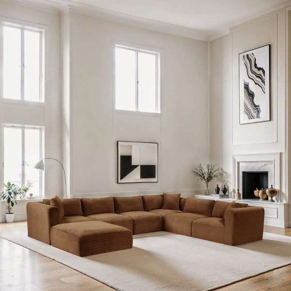 Meridian Furniture Shaggy Corduroy Modular Sectional Seven Piece Performance Fabric Living Room Sofa Set 641Saddle-Sec7D