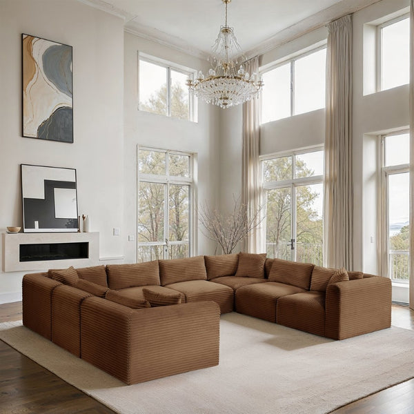 Meridian Furniture Shaggy 8 Piece Modular Sectional Corduroy Performance Fabric Living Room Sofa Set 641Saddle-Sec8A