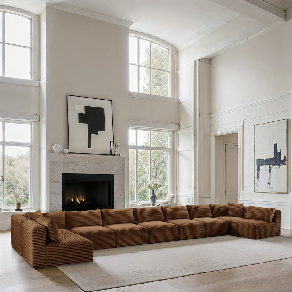 Meridian Furniture Shaggy Nine Piece Modular Sectional Plush Corduroy Fabric for Spacious Living Rooms 641Saddle-Sec9A