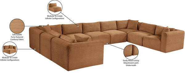 Meridian Furniture Shaggy Nine Piece Modular Sectional in Plush Corduroy for Eclectic Living Rooms 641Saddle-Sec9B