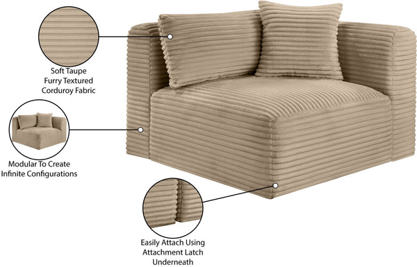 Meridian Furniture Shaggy Corduroy Modular Corner Chair with Plush Foam and Stain Resistant Performance Fabric Taupe 641Taupe-Corner