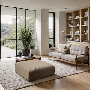 Meridian Furniture Shaggy Corduroy Square Ottoman Plush Modular Linking Design for Living Room Seating Taupe 641Taupe-Ott