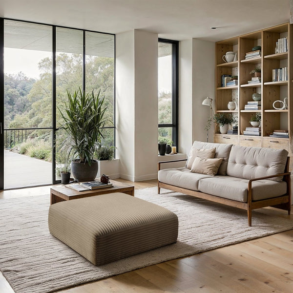 Meridian Furniture Shaggy Corduroy Square Ottoman Plush Modular Linking Design for Living Room Seating Taupe 641Taupe-Ott