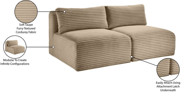 Meridian Furniture Shaggy Two Piece Armless Modular Loveseat in Stain Resistant Plush Corduroy Performance Fabric Taupe 641Taupe-S62