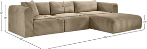 Meridian Furniture Shaggy Three Piece Modular Sectional Corduroy Fabric Plush Seating for Living Room 641Taupe-Sec3A