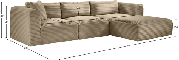 Meridian Furniture Shaggy Three Piece Modular Sectional Corduroy Fabric Plush Seating for Living Room 641Taupe-Sec3A