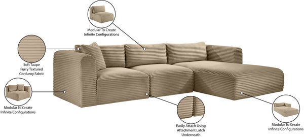Meridian Furniture Shaggy Three Piece Modular Sectional Corduroy Fabric Plush Seating for Living Room 641Taupe-Sec3A