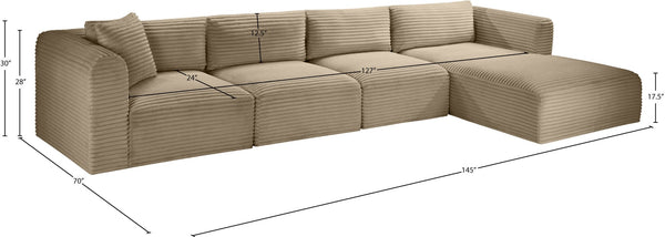 Meridian Furniture Shaggy Four Piece Modular Sectional in Plush Corduroy Performance Fabric for Living Rooms 641Taupe-Sec4C