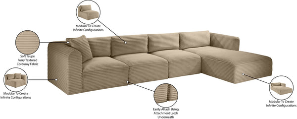Meridian Furniture Shaggy Four Piece Modular Sectional in Plush Corduroy Performance Fabric for Living Rooms 641Taupe-Sec4C