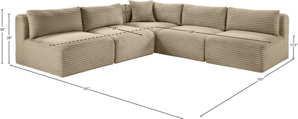 Meridian Furniture Shaggy Corduroy Performance Fabric Modular Sectional Plush Five Piece Living Room Sofa 641Taupe-Sec5D