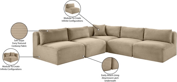 Meridian Furniture Shaggy Corduroy Performance Fabric Modular Sectional Plush Five Piece Living Room Sofa 641Taupe-Sec5D