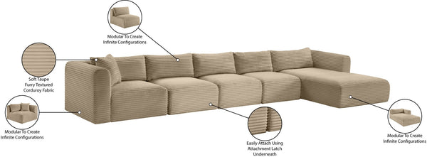 Meridian Furniture Shaggy Five Piece Modular Sectional Taupe Corduroy Fabric Plush Cozy Living Room 641Taupe-Sec5G
