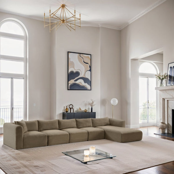Meridian Furniture Shaggy Five Piece Modular Sectional Taupe Corduroy Fabric Plush Cozy Living Room 641Taupe-Sec5G