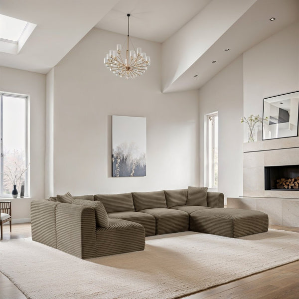 Meridian Furniture Shaggy Taupe Corduroy Six Piece Modular Sectional Plush Performance Fabric Living Room 641Taupe-Sec6D