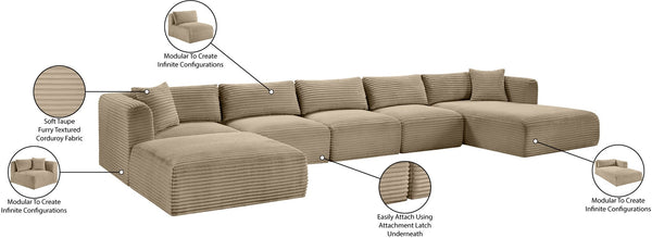 Meridian Furniture Shaggy Six Piece Modular Sectional Plush Corduroy Performance Fabric Taupe Living Room 641Taupe-Sec6F