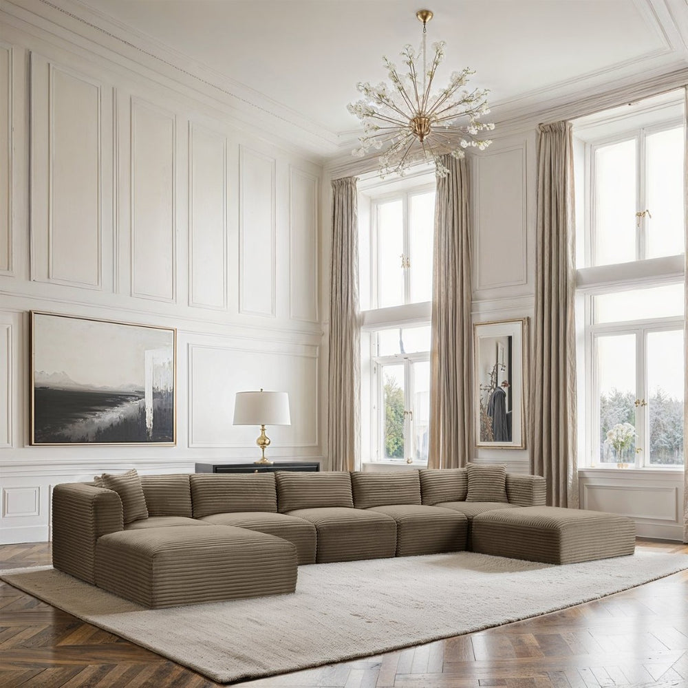 Meridian Furniture Shaggy Seven Piece Modular Sectional Corduroy Performance Fabric Taupe Living Room Sofa 641Taupe-Sec7C