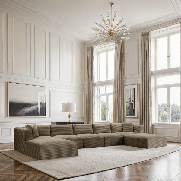 Meridian Furniture Shaggy Seven Piece Modular Sectional Corduroy Performance Fabric Taupe Living Room Sofa 641Taupe-Sec7C